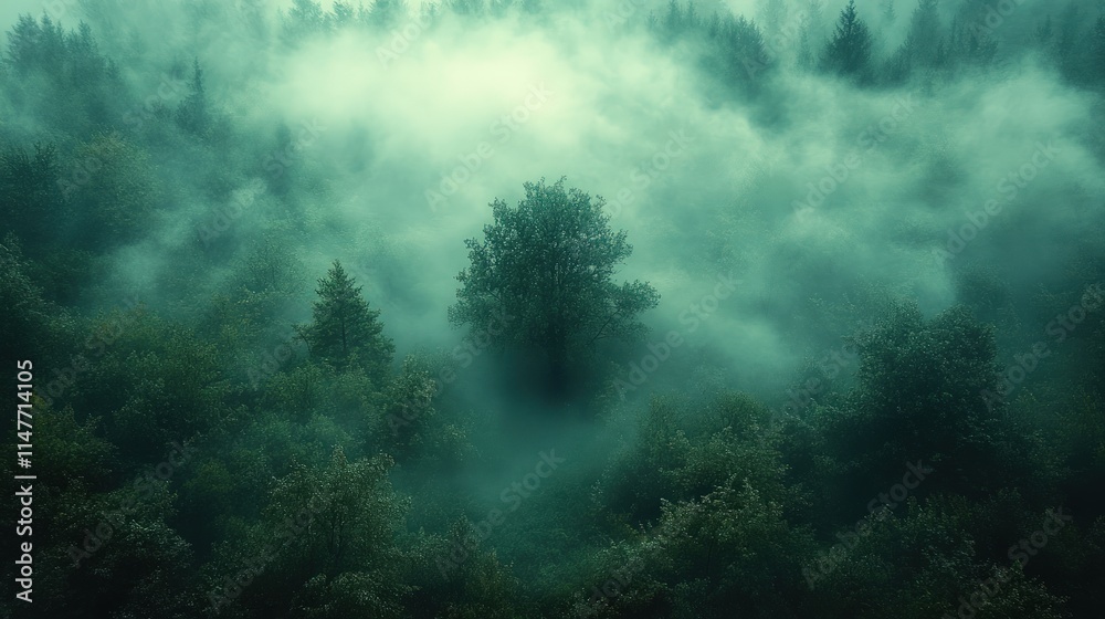 Obraz premium Foggy forest, single tree, aerial view.