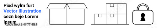 Cardboard box, stacked boxes, and padlock, symbolizing packaging, storage, and security. Ideal for logistic services, shipping companies, secure storage warehousing safety protocols e-commerce