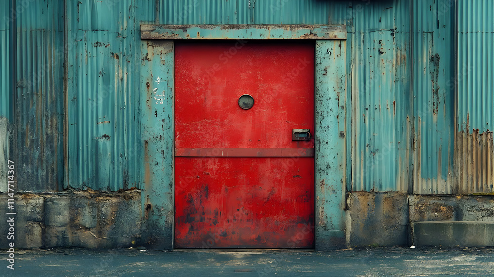 Red Door on a Weathered Green Building - Realistic Image Red Door on a Weathered Green Building - Realistic Image
