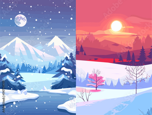 Abstract Winter Wonderland: Serene Landscape in Flat Style with Textual Elements