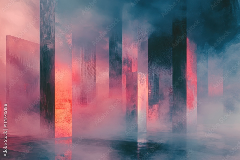 Abstract Cityscape with Fog and Glowing Pillars Abstract Cityscape with Fog and Glowing Pillars