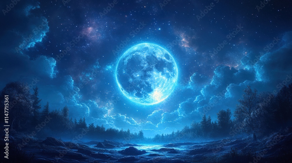 Fototapeta premium Enormous blue moon, starry night, forest silhouette.