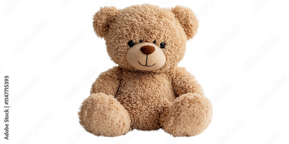 Fototapeta premium Fluffy teddy bear with soft beige fur, sitting with a sweet expression, exuding warmth, comfort, and nostalgia. Perfect for representing love, childhood, or sentimental feelings.