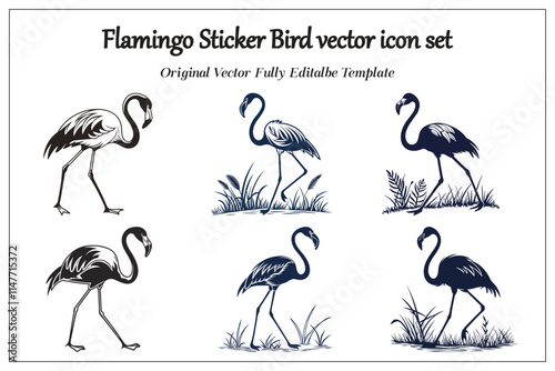 Flamingo Sticker Bird vector icon set, silhouette style white background. photo