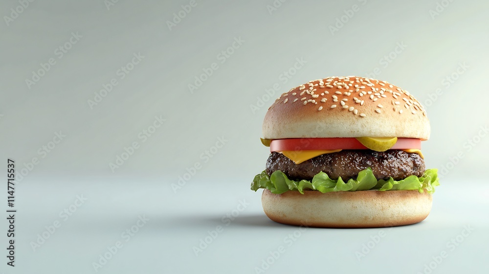 Juicy Cheeseburger on Sesame Bun: A mouthwatering 3D render of a classic American cheeseburger, featuring a perfectly grilled patty, melted cheese, crisp lettuce, ripe tomato, Juicy Cheeseburger on Sesame Bun: A mouthwatering 3D render of a classic American cheeseburger, featuring a perfectly grilled patty, melted cheese, crisp lettuce, ripe tomato,