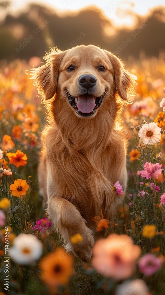 A joyful golden retriever running through a vibrant flower field during sunset, capturing the essence of happiness and nature. A joyful golden retriever running through a vibrant flower field during sunset, capturing the essence of happiness and nature.