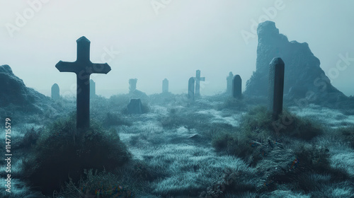 Eerie foggy cemetery with weathered gravestones in a misty
