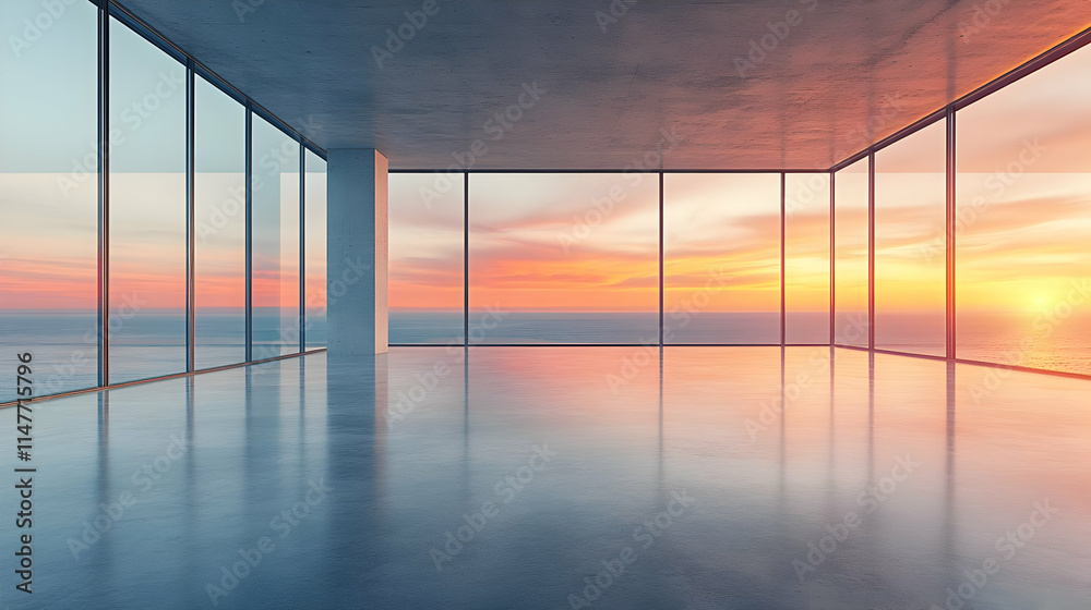 Empty Room with Ocean View and Sunset 3D Illustration Empty Room with Ocean View and Sunset 3D Illustration