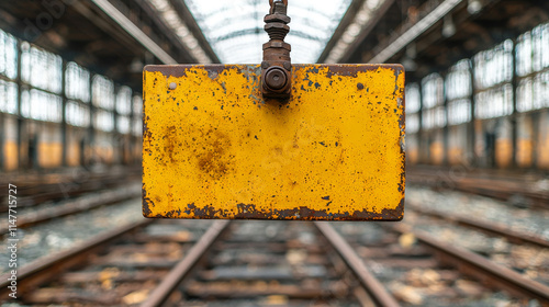 Fototapeta Naklejka Na Ścianę i Meble -  Decaying Train Station Sign Hanging in Abandoned Space