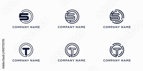 Set bundle global tech letters S and T logo design