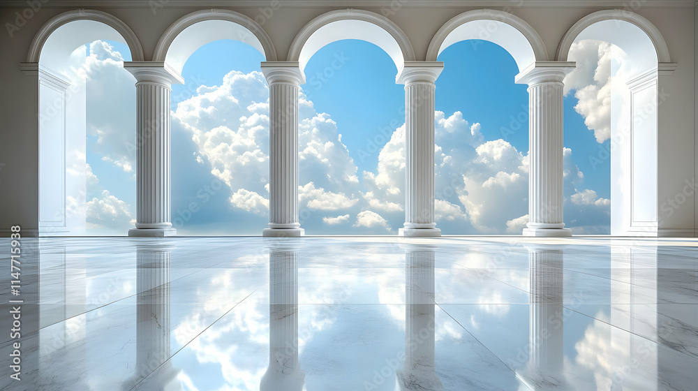 Fototapeta premium White Marble Columns Archway with Blue Sky and Clouds 3D Illustration