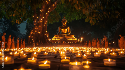 Boun Makha Bucha, night scene in a temple with a large Buddha statue surrounded by thousands of candles, monks and devotees praying together in silence, AI generated images photo