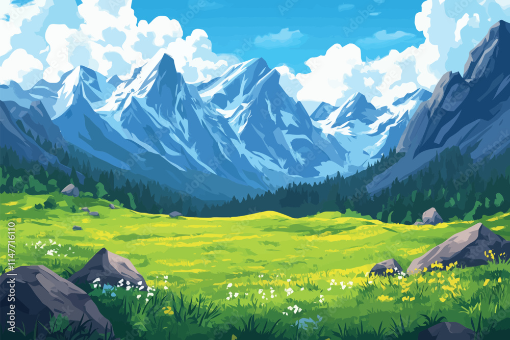 Fototapeta premium Lush Green Meadows and Snowy Mountains with Cloudy Sky