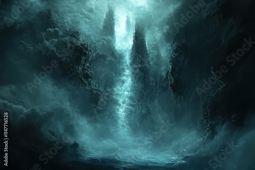 Wallpaper Mural A Glowing Crack in the Dark, Misty Cliffs Over Water Torontodigital.ca