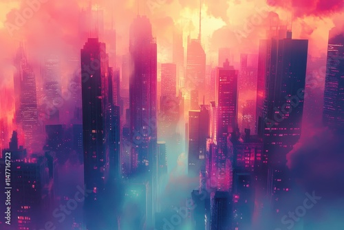Futuristic Cityscape with Pink and Blue Haze