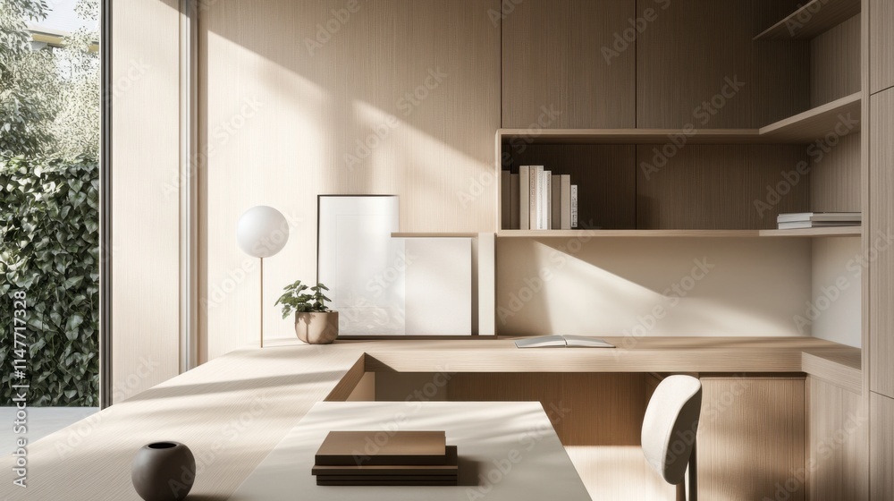 Fototapeta premium Minimalist modern home office with clean, stylish design. Featuring neutral tones and sleek furnishings