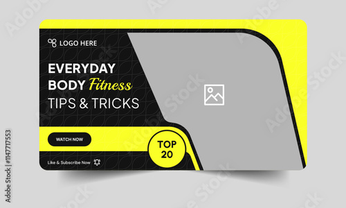 Daily workout plan tips and tricks video cover banner design, body fitness techniques video thumbnail banner design, fully editable vector eps 10 file format