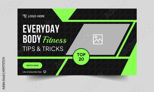 Daily exercise tips and tricks vide thumbnail banner design, body fitness techniques video cover banner design, customizable vector eps 10 file format
