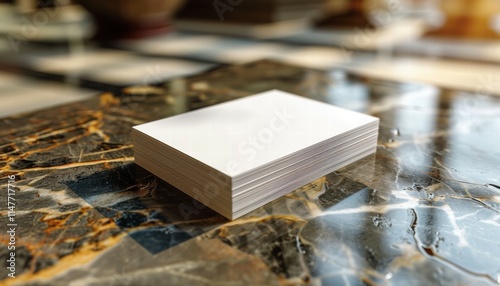 A stack of white business cards sits on a marble countertop