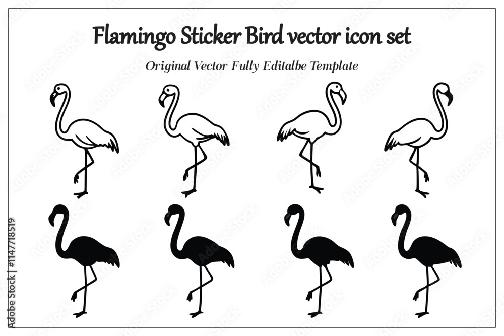 Obraz premium Flamingo Sticker Bird vector icon set, silhouette style white background.