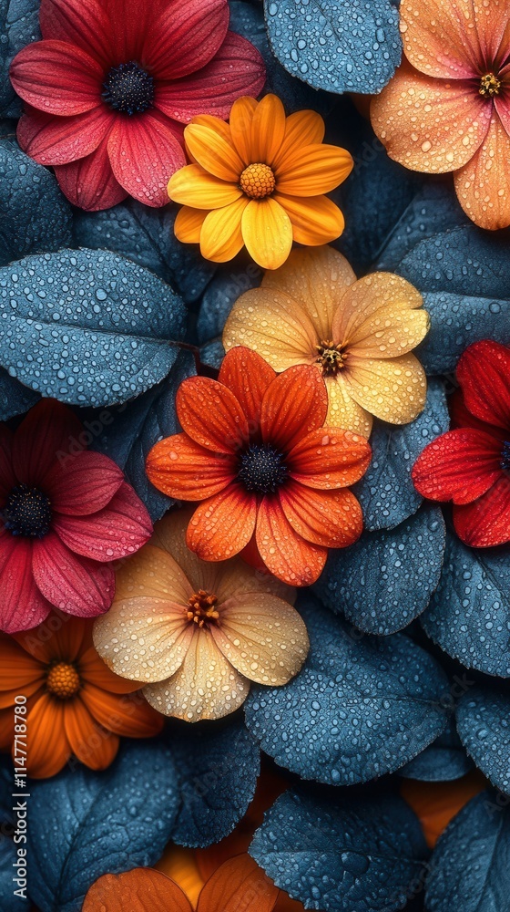 A vibrant composition of colorful flowers and leaves with water droplets, showcasing nature's beauty. A vibrant composition of colorful flowers and leaves with water droplets, showcasing nature's beauty.