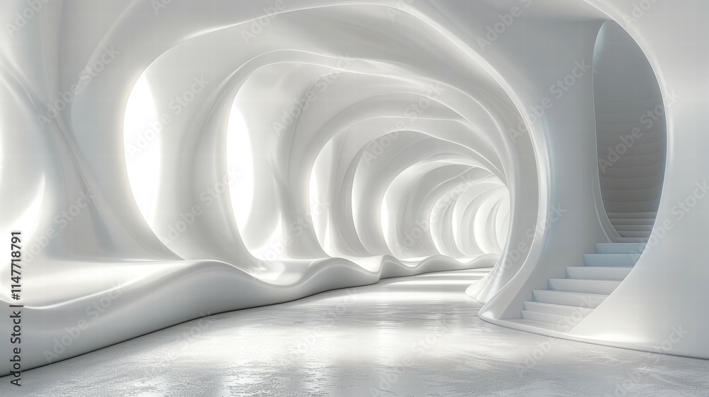Fototapeta premium A white room with a long hallway with white walls and white stairs