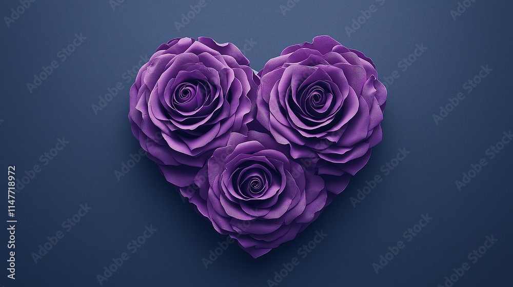Beautiful purple roses arranged in a heart shape against a dark blue background, symbolizing love, romance, and elegance.