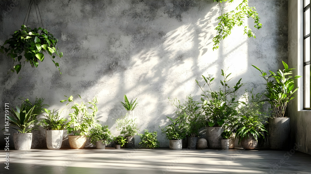 Fototapeta premium Sunlit Interior with Greenery and Concrete Wall - 3D Illustration