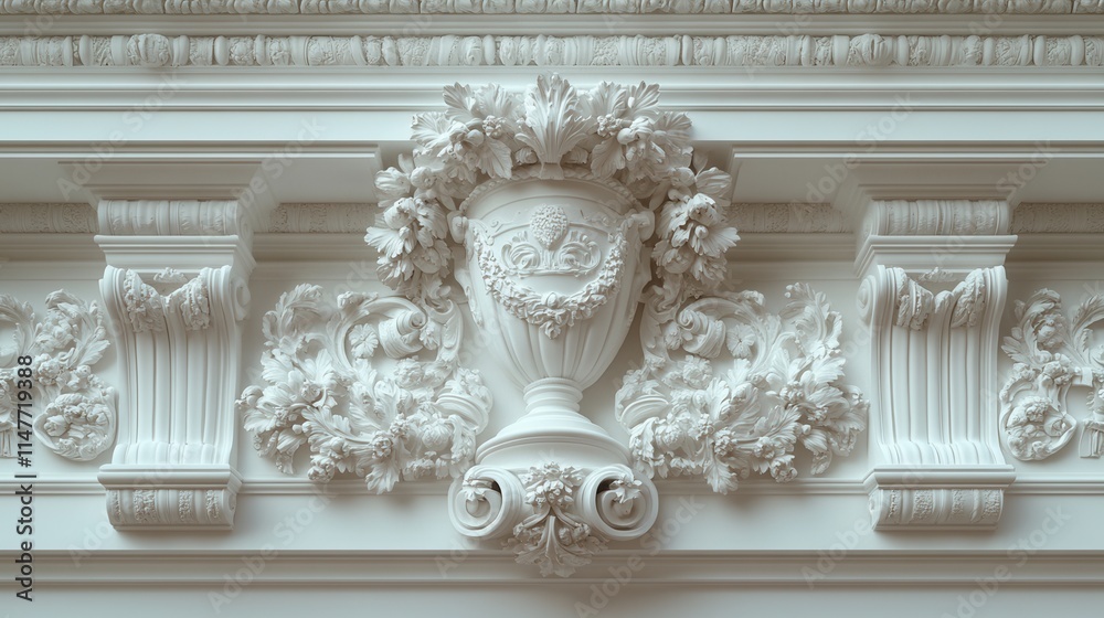 Ornate plasterwork featuring a decorative vase surrounded by intricate floral designs. Ornate plasterwork featuring a decorative vase surrounded by intricate floral designs.