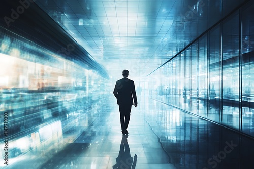 Businessman walking through futuristic hallway. Concept of leadership, innovation, and progress.