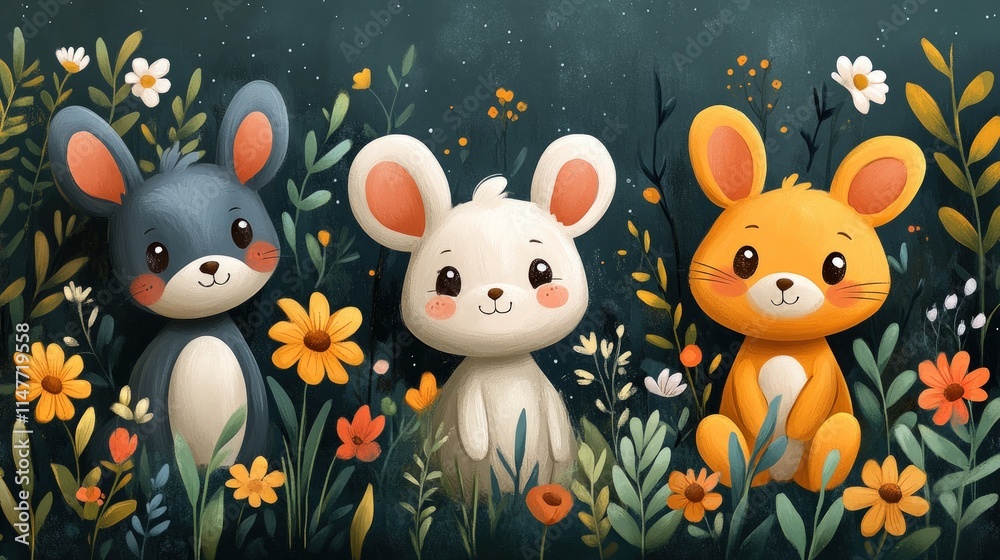 Naklejka premium Three bunnies amidst blooming wildflowers.