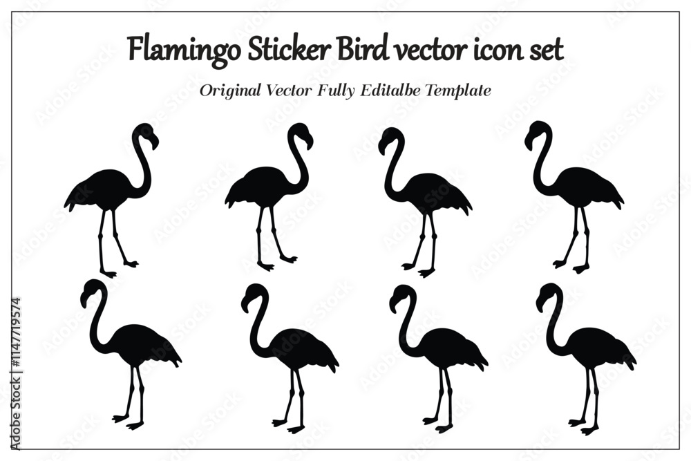Obraz premium Flamingo Sticker Bird vector icon set, silhouette style white background.