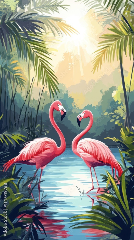 Fototapeta premium Two vibrant flamingos gracefully standing by a serene water body surrounded by lush foliage at sunrise