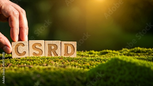 Hand placing CSRD letters on mossy ground photo