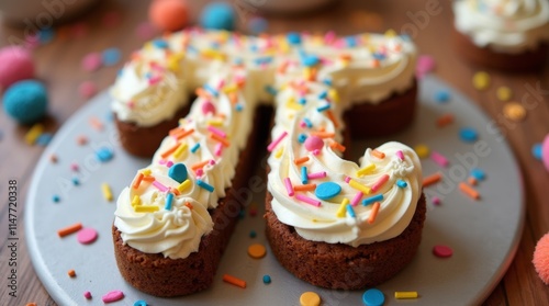 A beautifully decorated cake shaped like the pi symbol (π), adorned with colorful frosting and sprinkles