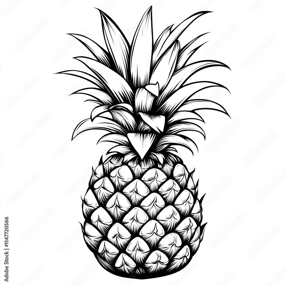 Obraz premium Black and white hand-drawn pineapple illustration.