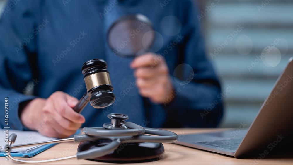 Legal professional analyzes medical aspects using gavel and stethoscope, highlighting intersection of law and healthcare in modern practice and ethical considerations Legal professional analyzes medical aspects using gavel and stethoscope, highlighting intersection of law and healthcare in modern practice and ethical considerations