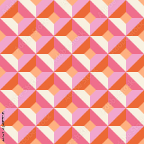 Vibrant geometric pattern with tessellated diamonds in orange, pink, and cream, creating 3D illusion. Perfect for wallpapers, textiles, packaging, web backgrounds, or modern interior design projects.