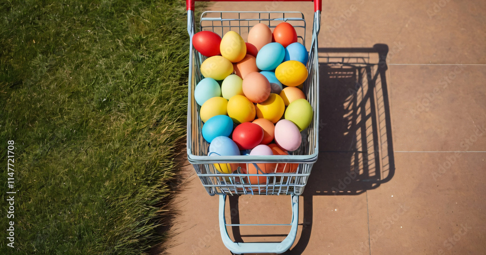 Top view photo of shopping trolley with easter egg with copy space
