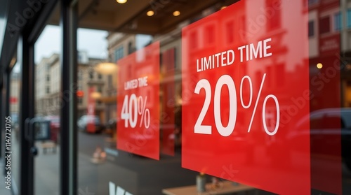 Bold red limited time offer signs on a modern store display, with soft reflections on the glass and an inviting retail setting, creating urgency for shoppers. photo