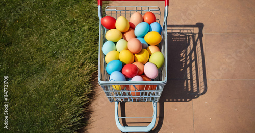 Obraz na płótnie Top view photo of shopping trolley with easter egg with copy space w salonie
