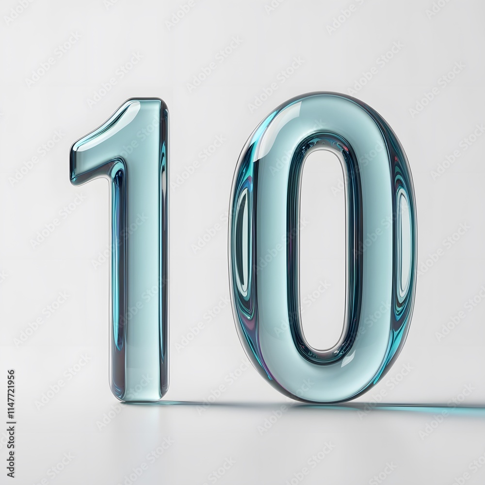 Glassy Ten Number Design: Reflective and Transparent Aqua Blue Numerals on White Background Glassy Ten Number Design: Reflective and Transparent Aqua Blue Numerals on White Background