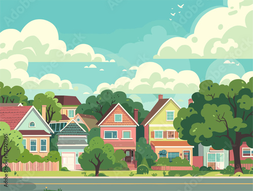 Illustrated Suburban Neighborhoods: Charming Residential Landscapes with Tree-Lined Streets, Vibrant Parks, and Welcoming Homes