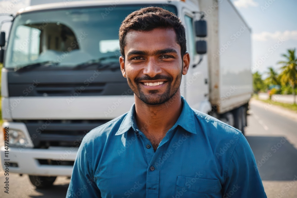 Close portrait of a smiling young Maldivian male truckdriver looking at the camera, against Maldivian blurred background. Close portrait of a smiling young Maldivian male truckdriver looking at the camera, against Maldivian blurred background.