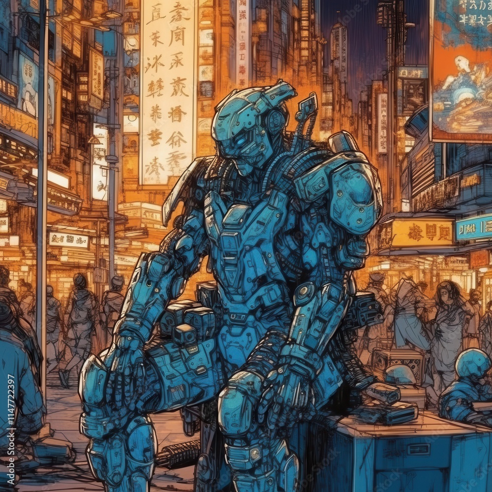 A futuristic male robot in a bustling city environment, surrounded by neon lights and crowds, exuding a sense of solitude. A futuristic male robot in a bustling city environment, surrounded by neon lights and crowds, exuding a sense of solitude.