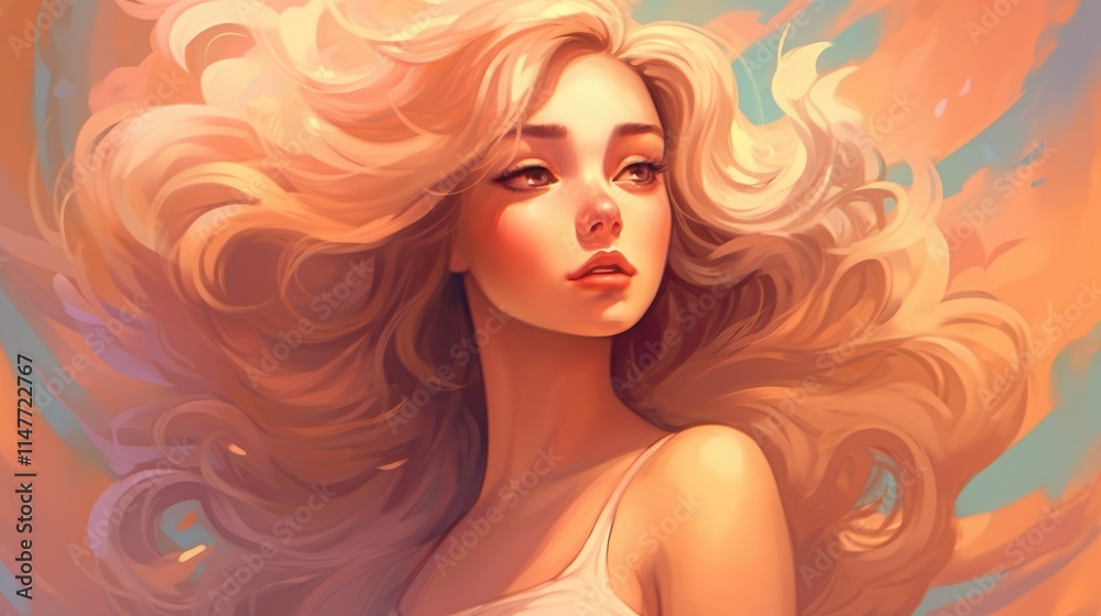 Portrait of a young Caucasian woman with flowing blonde hair against a vibrant, warm background. Portrait of a young Caucasian woman with flowing blonde hair against a vibrant, warm background.