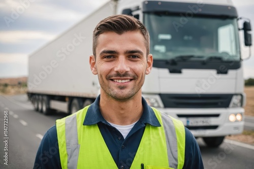 Close portrait of a smiling young Maltese male truckdriver looking at the camera, against Maltese blurred background.