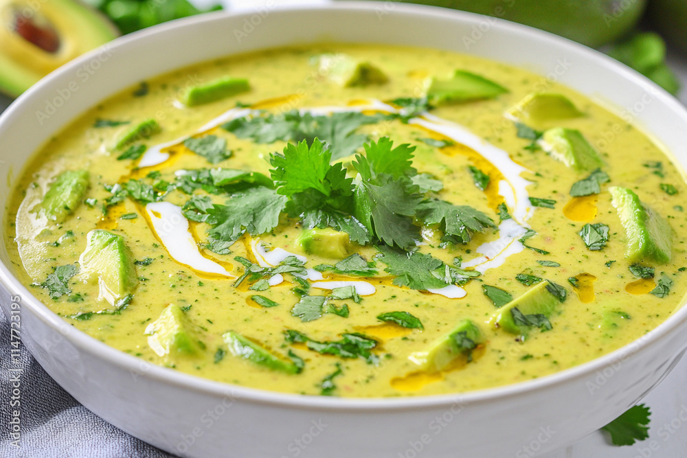 A bowl of creamy keto avocado soup garnished with a swirl of coconut milk and fresh cilantro A bowl of creamy keto avocado soup garnished with a swirl of coconut milk and fresh cilantro