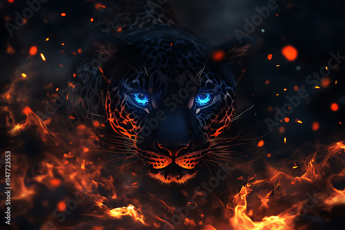 Panther head on fire with dynamic glowing flames and a bold, fierce design.  
 photo