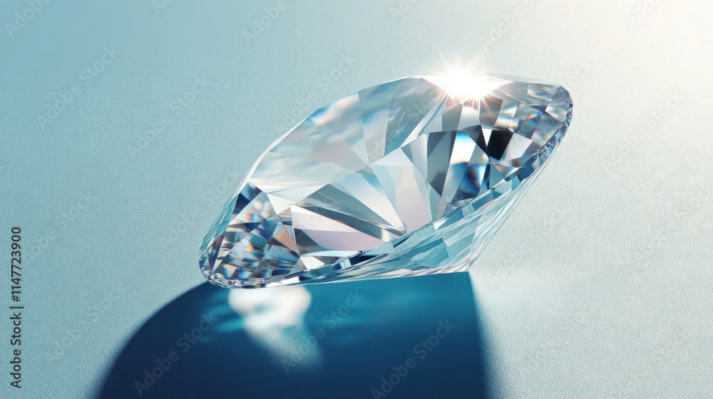 A sparkling brilliant diamond rests on a blue surface A sparkling brilliant diamond rests on a blue surface